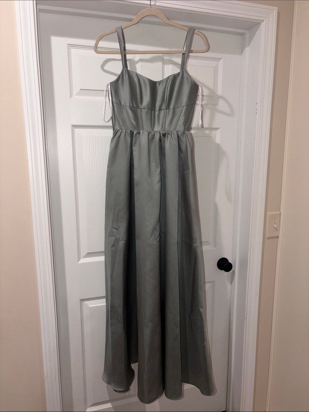 Dessy Collection Satin Spaghetti-Strap Formal Dress in Sage Size 4